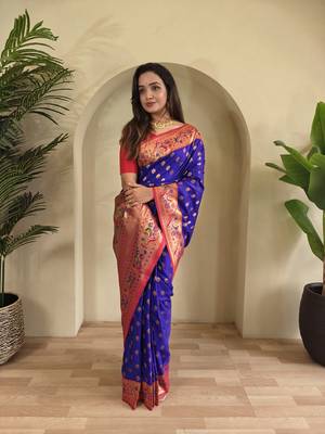 violet Paithani silk blend weaving saree with contrast blouse 3