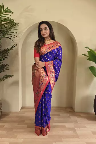 violet Paithani silk blend weaving saree  with contrast blouse
