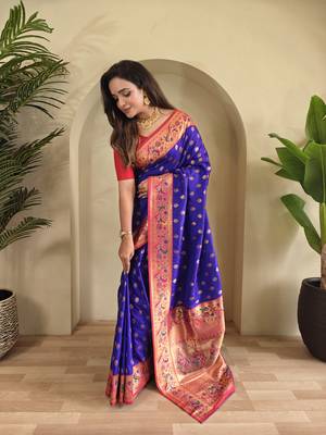 violet Paithani silk blend weaving saree with contrast blouse 4