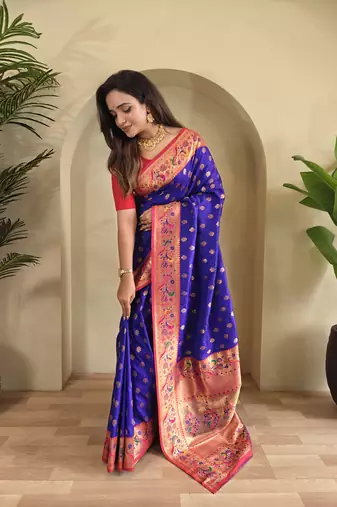 violet Paithani silk blend weaving saree  with contrast blouse