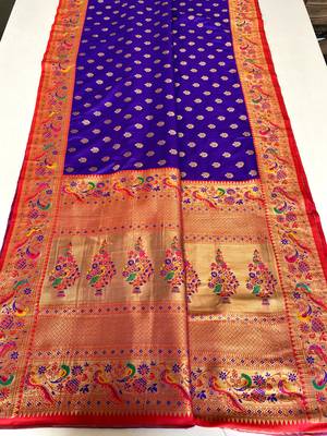 violet Paithani silk blend weaving saree with contrast blouse 5