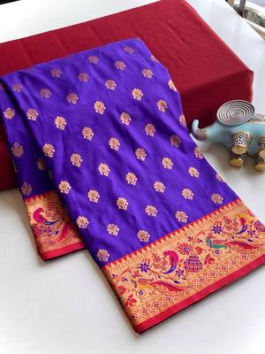violet Paithani silk blend weaving saree with contrast blouse 6
