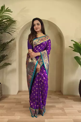 purple Paithani silk blend weaving saree with contrast blouse