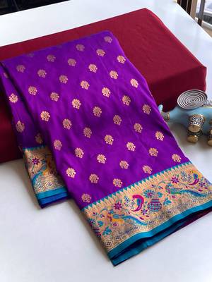 purple Paithani silk blend weaving saree with contrast blouse 4