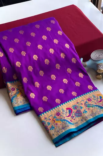 purple Paithani silk blend weaving saree with contrast blouse