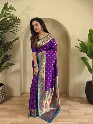 purple Paithani silk blend weaving saree with contrast blouse 5