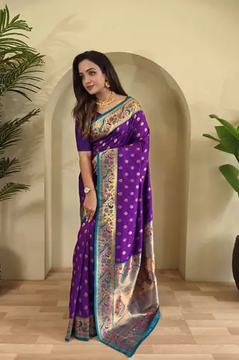 purple Paithani silk blend weaving saree with contrast blouse