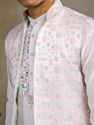 White viscose silk jacquard with sequins embroidered work wedding festival party wear straight kurta with jacket 8