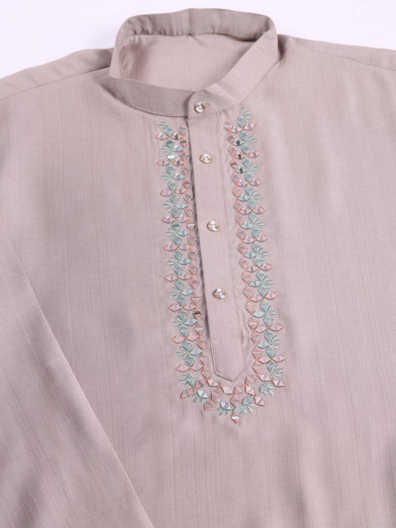 Beige viscose silk jacquard with sequins embroidered work wedding festival party wear straight kurta with jacket