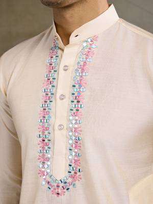Off white viscose silk jacquard with sequins embroidered work wedding festival party wear straight kurta with jacket 8