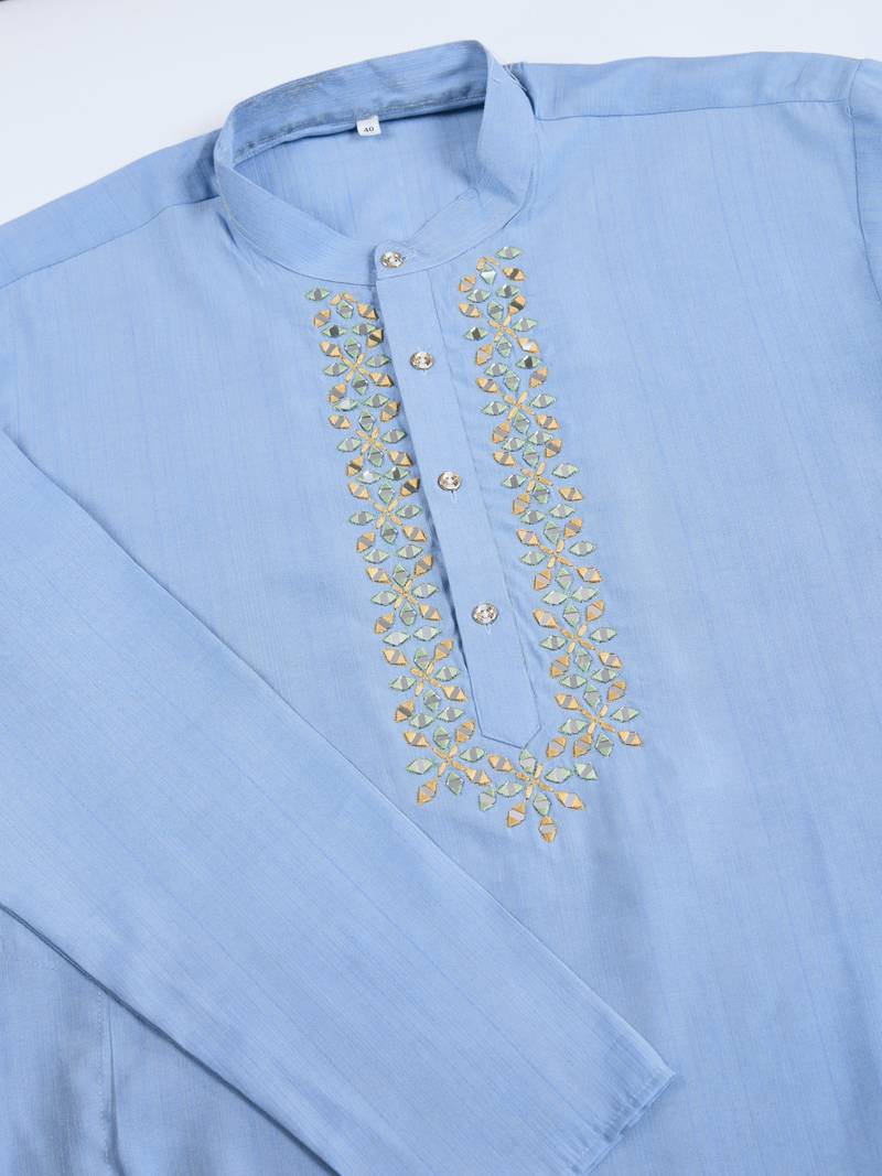 Sky blue viscose silk jacquard with sequins embroidered work wedding festival party wear straight kurta with jacket