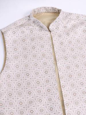 Beige viscose silk jacquard with sequins embroidered work wedding festival party wear straight kurta with jacket 9