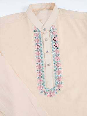 Off white viscose silk jacquard with sequins embroidered work wedding festival party wear straight kurta with jacket 9