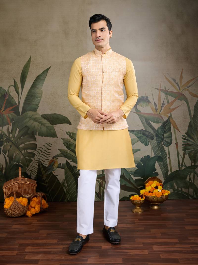 Yellow viscose silk jacquard with sequins embroidered work wedding festival party wear straight kurta with jacket