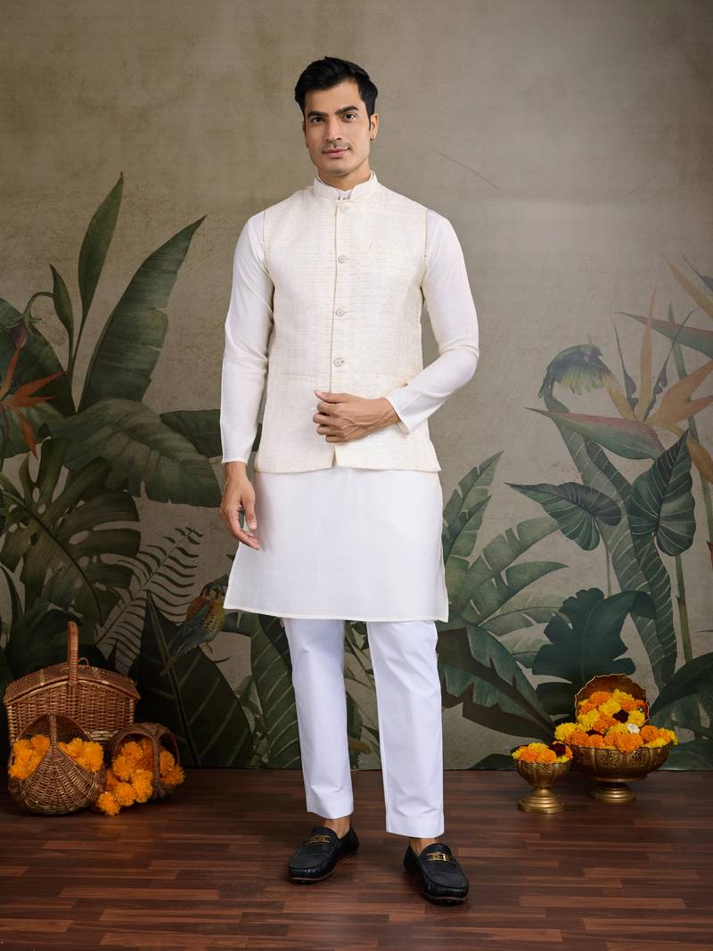 off white viscose silk jacquard embroidered work kurta pyjama with jacket