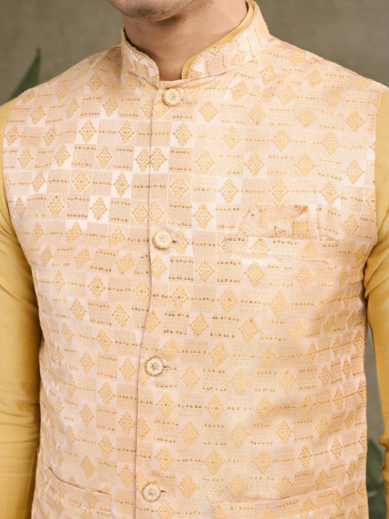 Yellow viscose silk jacquard with sequins embroidered work wedding festival party wear straight kurta with jacket