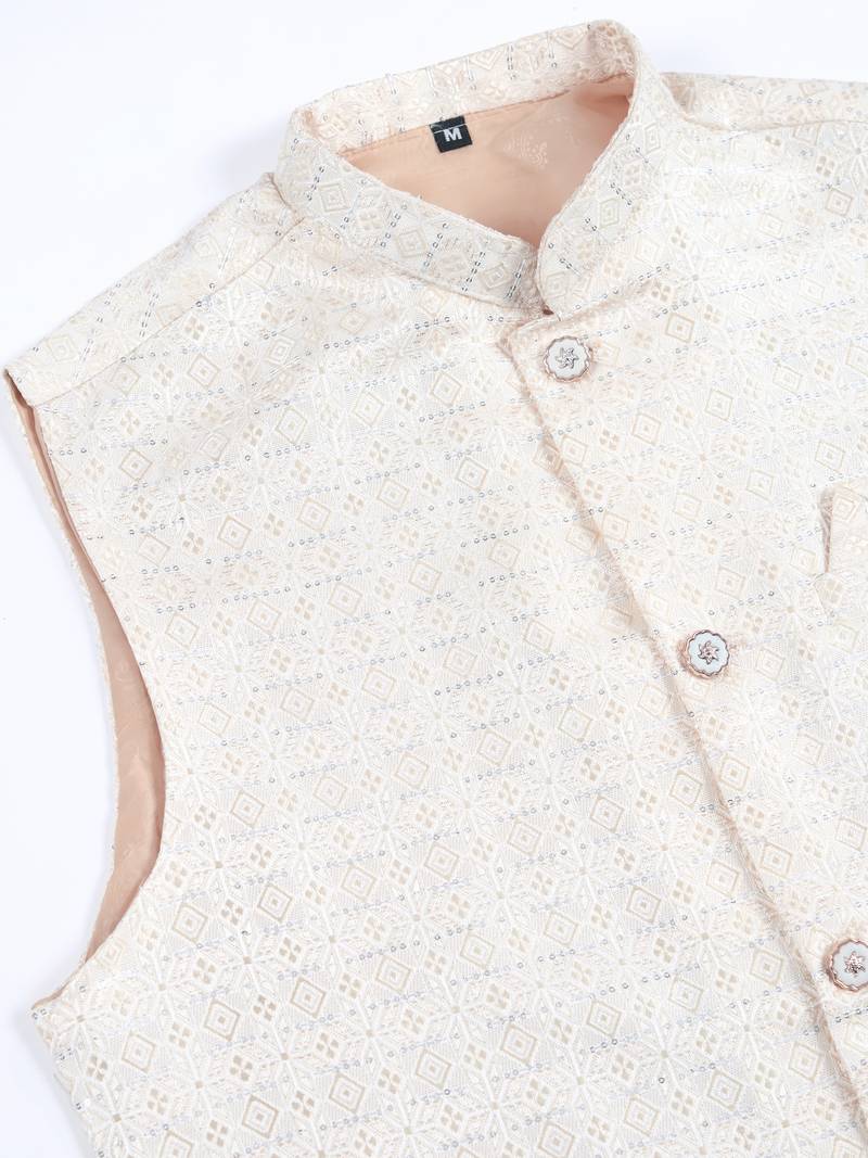 off white viscose silk jacquard embroidered work kurta pyjama with jacket