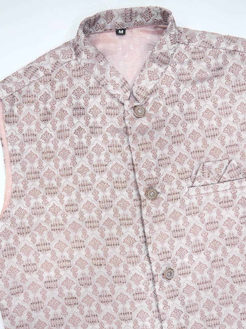 Beige viscose silk jacquard with sequins embroidered work wedding festival party wear straight kurta with jacket