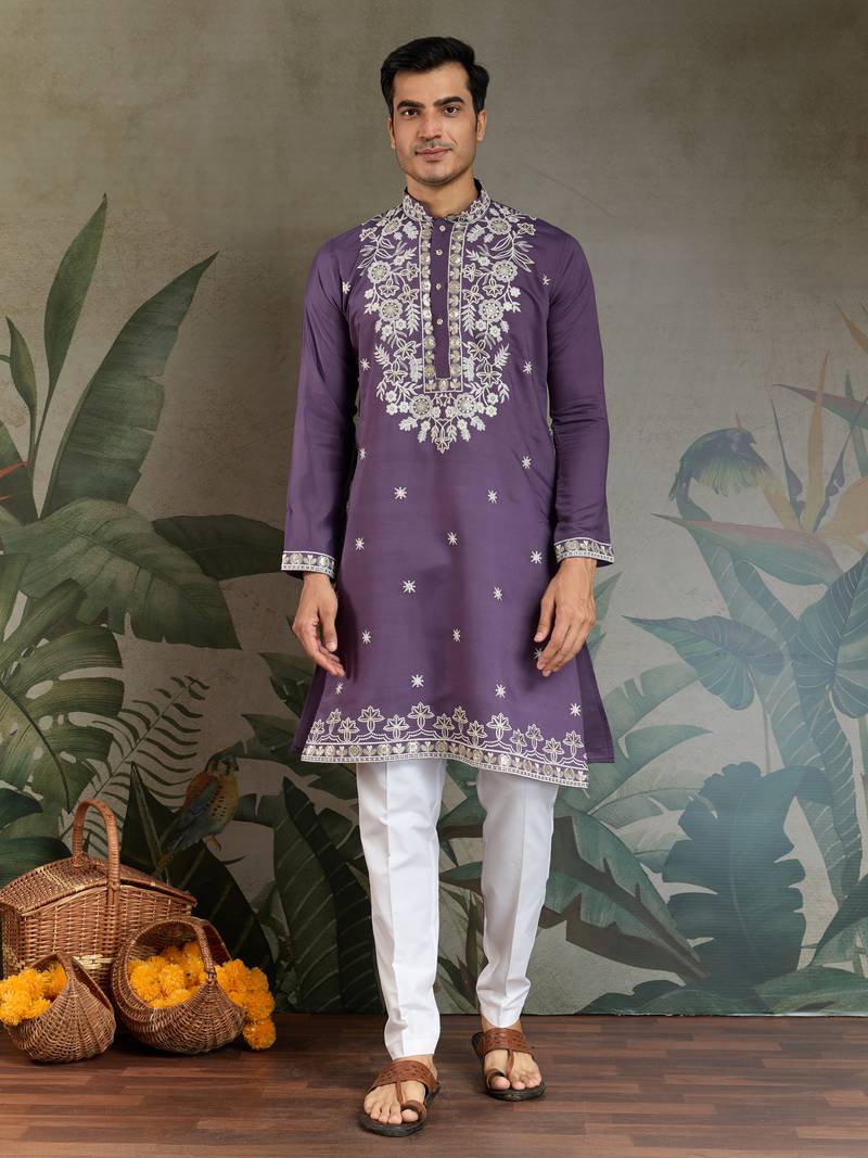 Purple viscose silk thead with sequins embroidered work wedding function festival party wear straight kurta