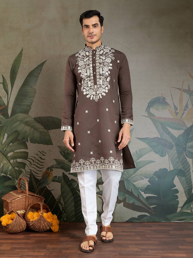 Brown viscose silk thead with sequins embroidered work wedding function festival party wear straight kurta