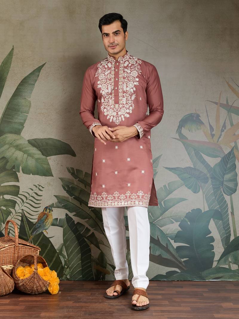 chocolate viscose silk thead with sequins embroidered straight kurta