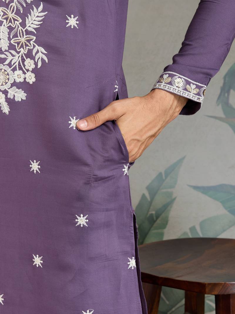 Purple viscose silk thead with sequins embroidered work wedding function festival party wear straight kurta