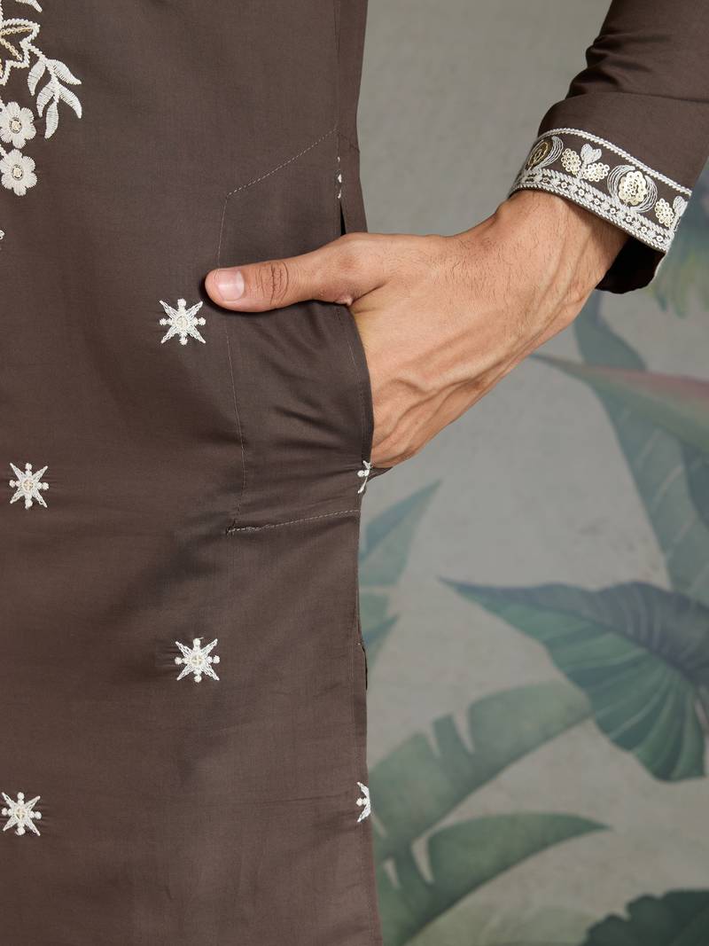 Brown viscose silk thead with sequins embroidered work wedding function festival party wear straight kurta