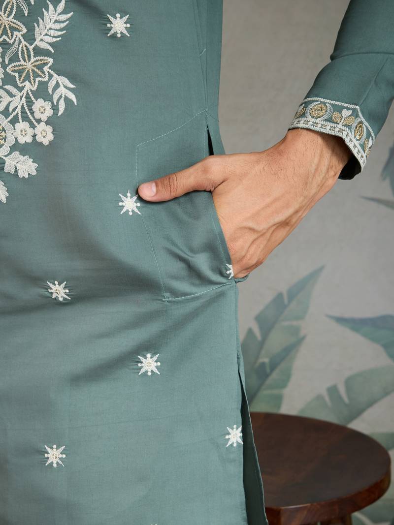 Pista green viscose silk thead with sequins embroidered work wedding function festival party wear straight kurta