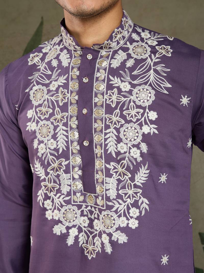 Purple viscose silk thead with sequins embroidered work wedding function festival party wear straight kurta