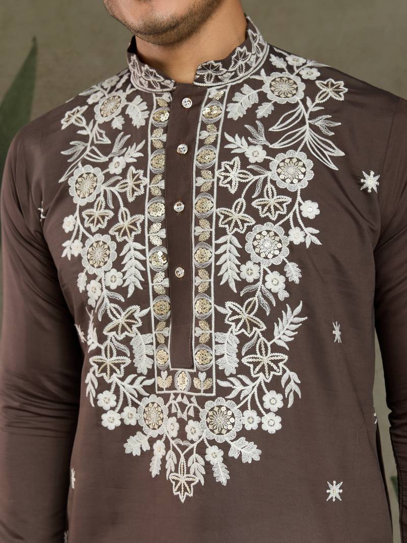 Brown viscose silk thead with sequins embroidered work wedding function festival party wear straight kurta