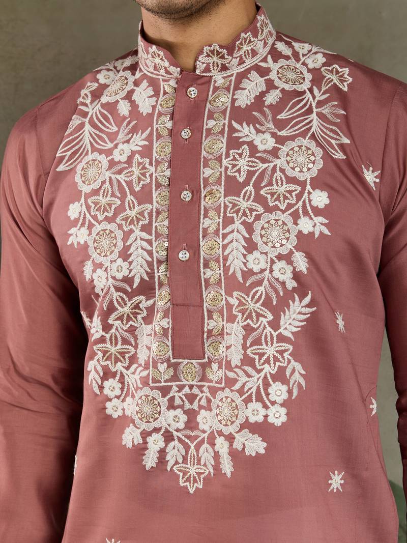 chocolate viscose silk thead with sequins embroidered straight kurta
