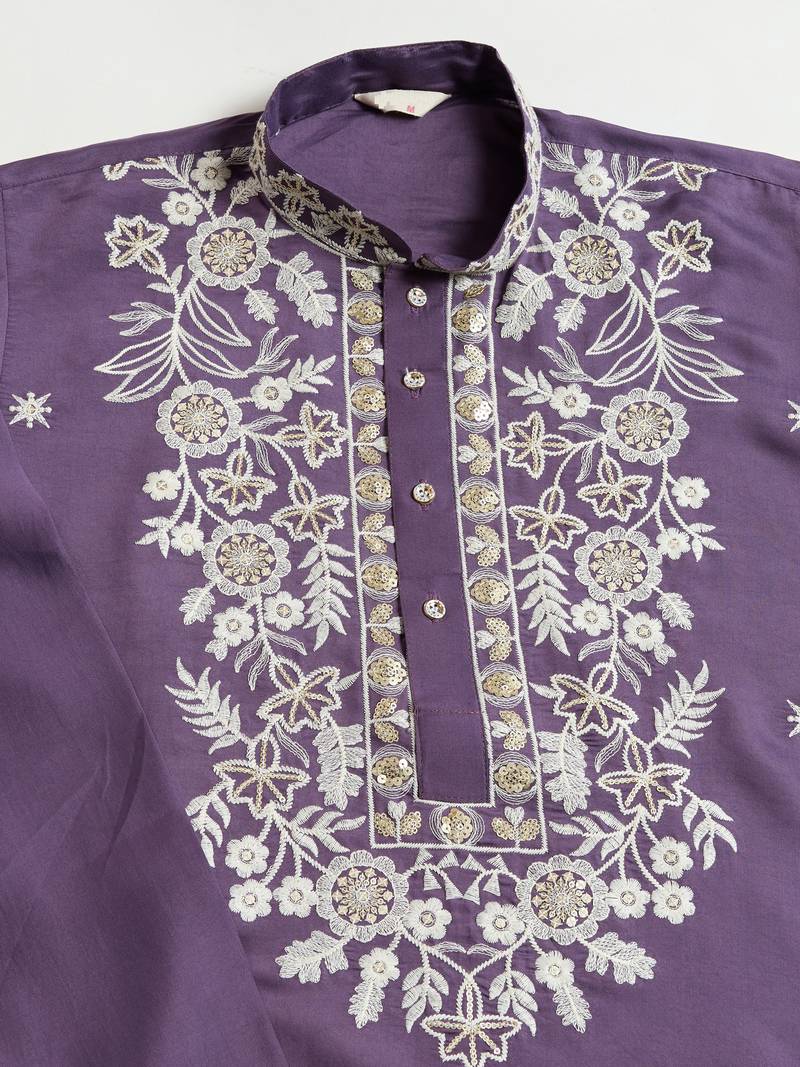 Purple viscose silk thead with sequins embroidered work wedding function festival party wear straight kurta