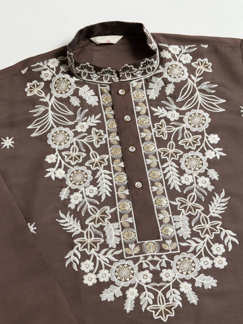 Brown viscose silk thead with sequins embroidered work wedding function festival party wear straight kurta