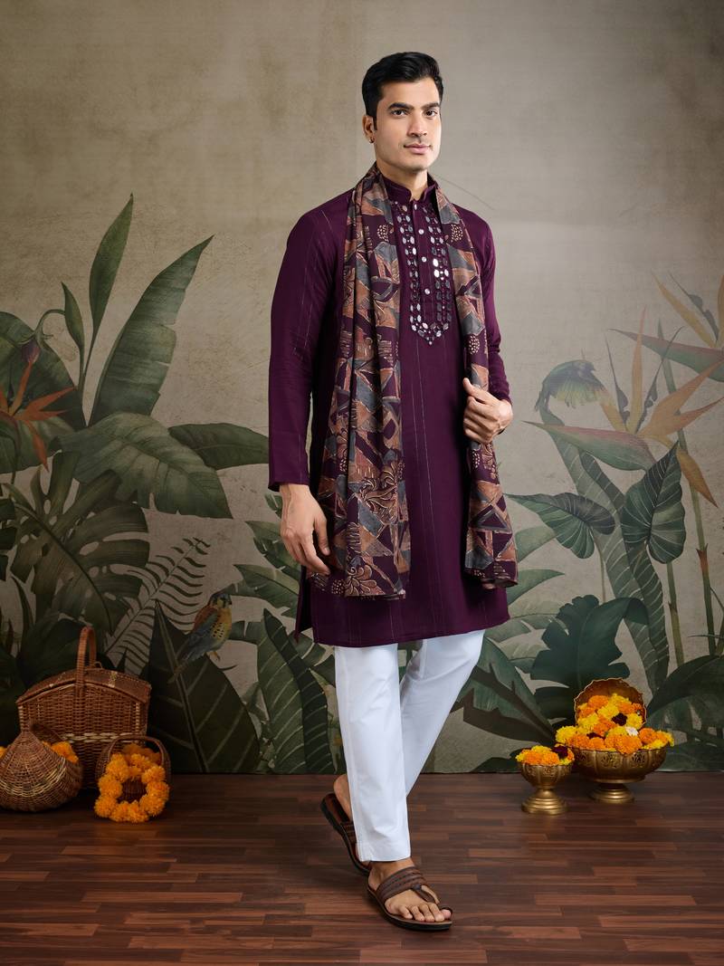 Purple viscose rayon print with real mirror work wedding function festival party wear straight kurta with dupatta