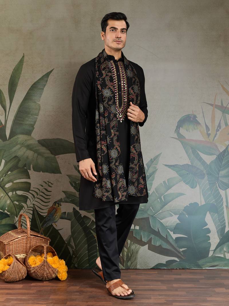Black viscose rayon thread with real mirror work wedding function festival party wear straight kurta with dupatta