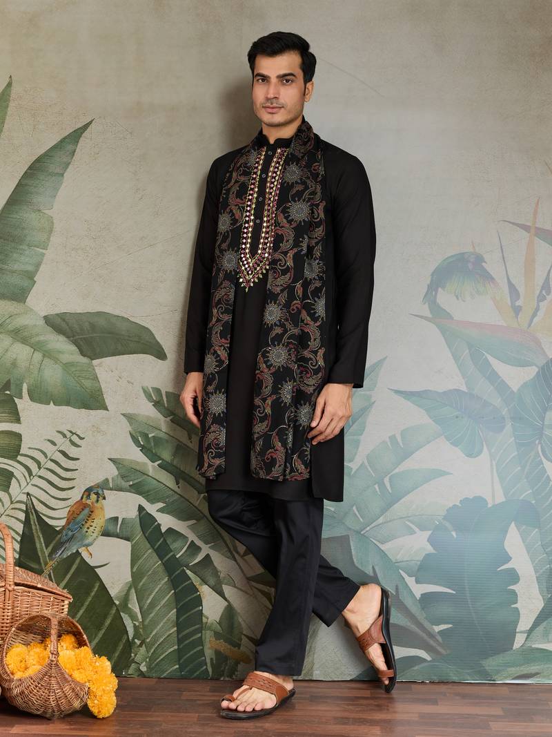 Black viscose rayon thread with real mirror work wedding function festival party wear straight kurta with dupatta