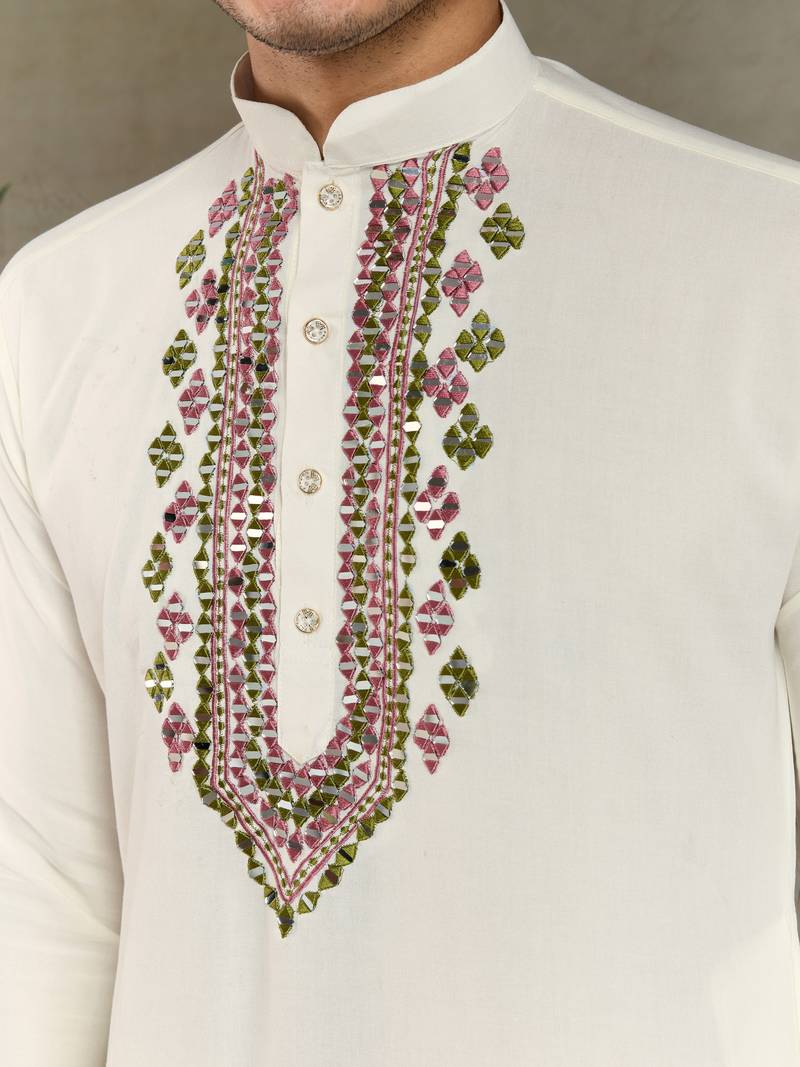 white viscose rayon thread with real mirror work kurta with dupatta