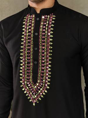 Black viscose rayon thread with real mirror work wedding function festival party wear straight kurta with dupatta 9