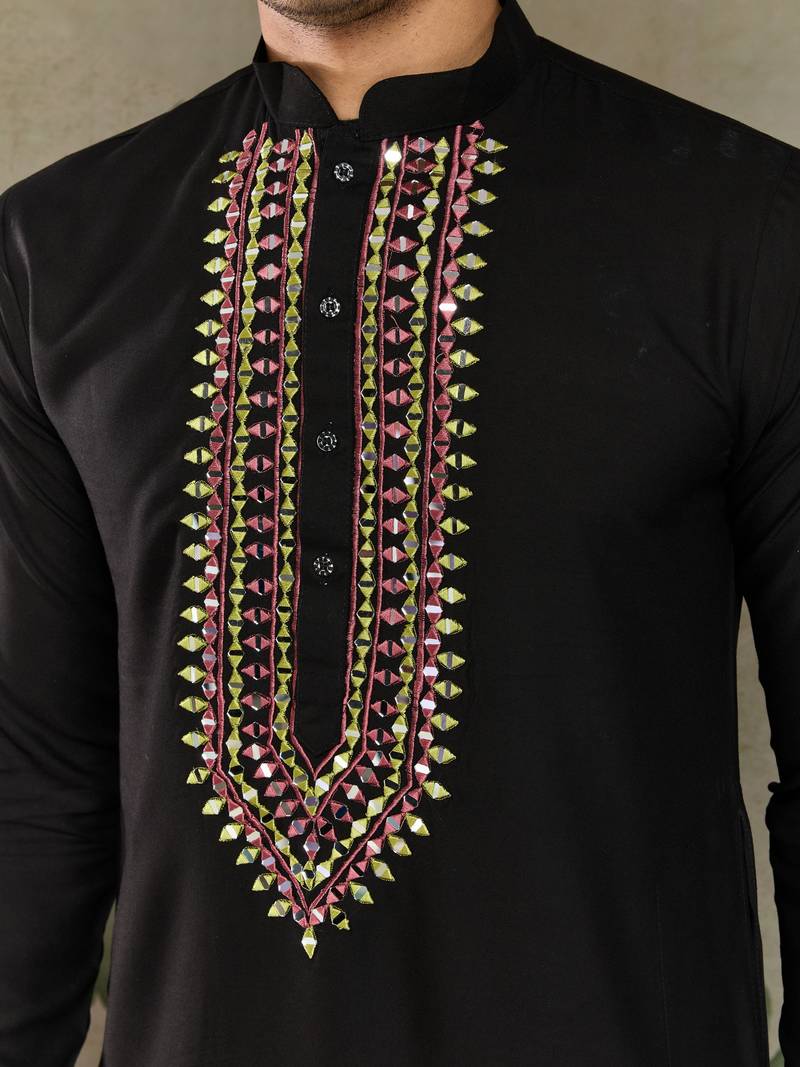 Black viscose rayon thread with real mirror work wedding function festival party wear straight kurta with dupatta