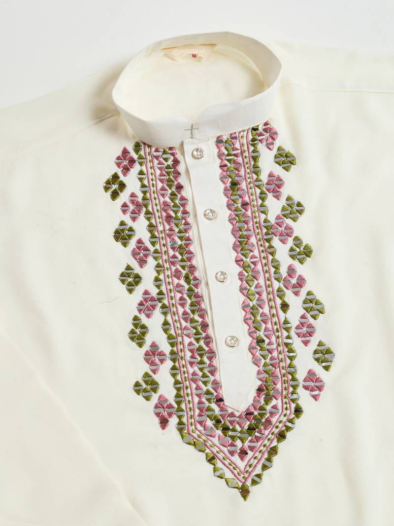 white viscose rayon thread with real mirror work kurta with dupatta