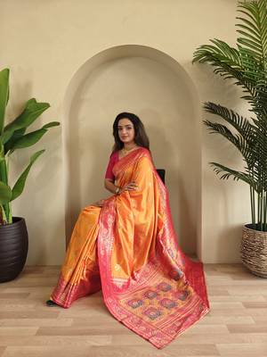 Orange Banarasi silk blend saree with zari weaving Meenakari design 1