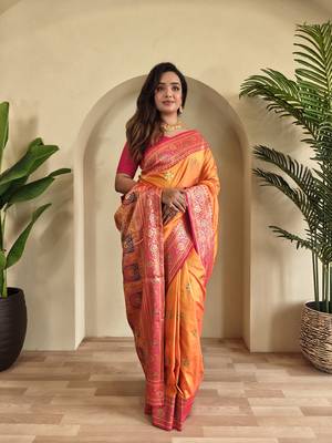 Orange Banarasi silk blend saree with zari weaving Meenakari design 3