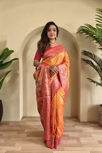 Orange Banarasi silk blend saree with zari weaving Meenakari design
