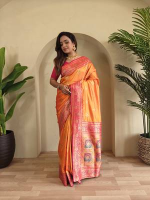 Orange Banarasi silk blend saree with zari weaving Meenakari design 4