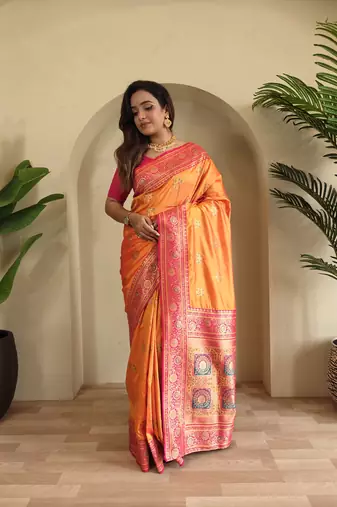 Orange Banarasi silk blend saree with zari weaving Meenakari design