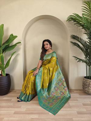 Lemon yellow Banarasi silk blend saree with zari weaving Meenakari design 1