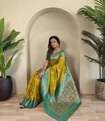 Lemon yellow Banarasi silk blend saree with zari weaving Meenakari design