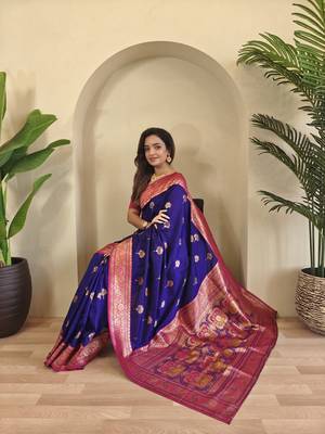 Blue Banarasi silk blend saree with zari weaving Meenakari design 1