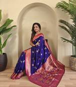 Blue Banarasi silk blend saree with zari weaving Meenakari design