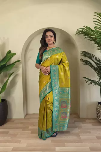 Lemon yellow Banarasi silk blend saree with zari weaving Meenakari design